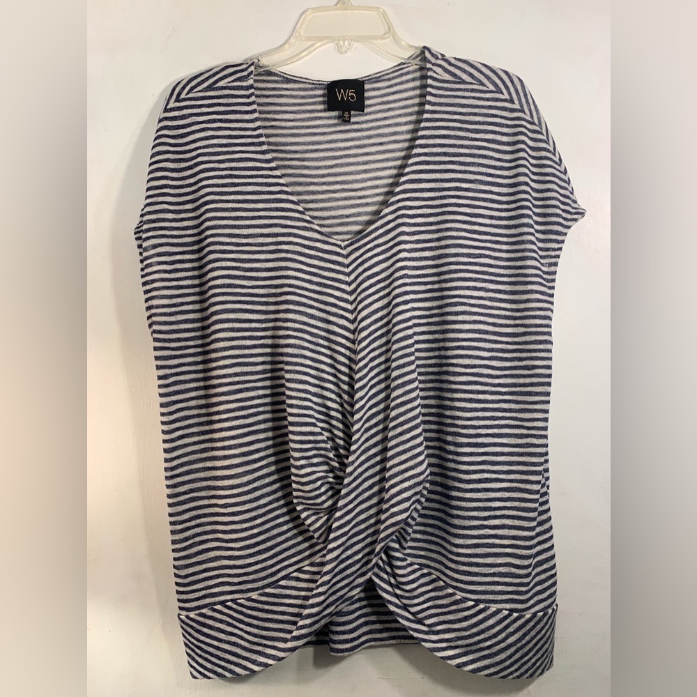 W5 Front Twist Tie Short Sleeved Striped Top, Size: XL, & Color: Blue & White
